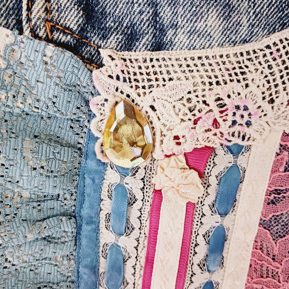 Vest Women Button-Up Jordache Demin Lace Ribbon Jewel Trim Pocket Custom Size XL - Picture 10 of 14